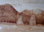 Стога в горах. Косово.2001. Бумага. Кофе.